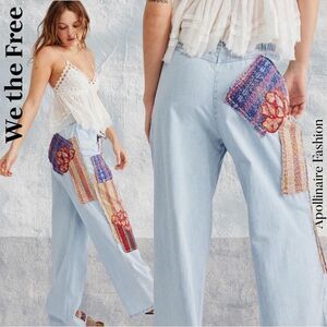 Free People Blue Jeans with Colorful Patchwork